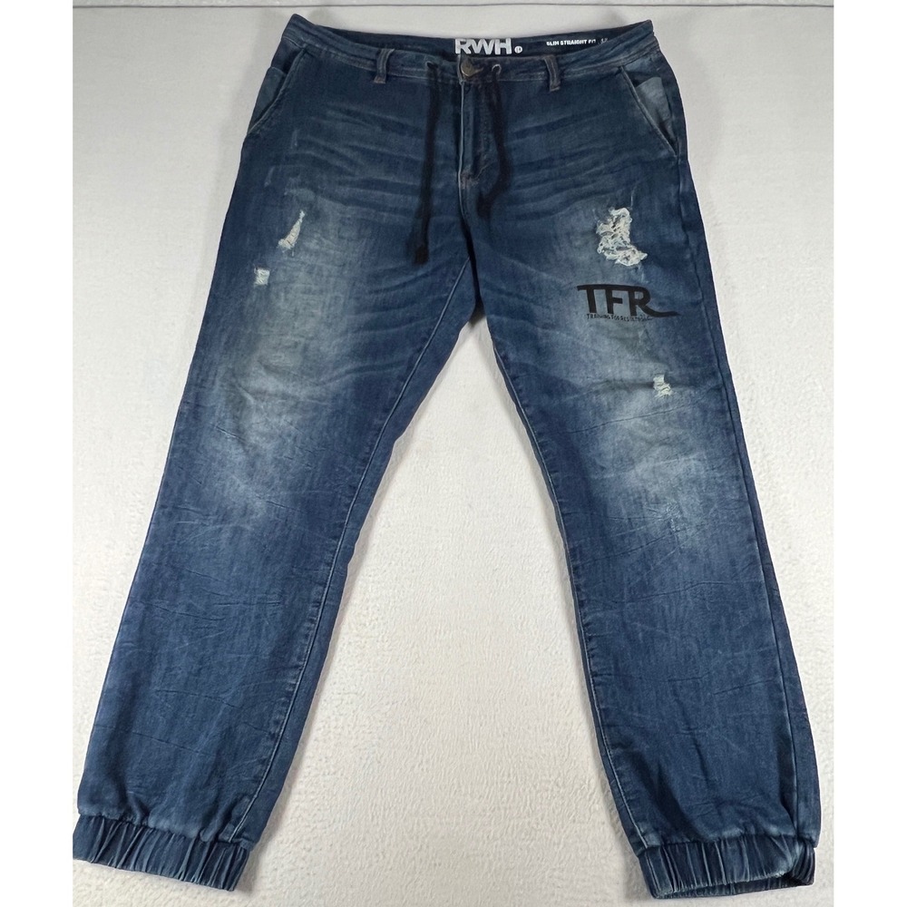 RWH Denim Joggers Women 38 Blue GUC Distressed Slim Straight TFR Logo Streetwear